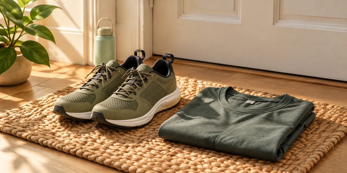 Training shoes, clothes and a water bottle prepared by the door