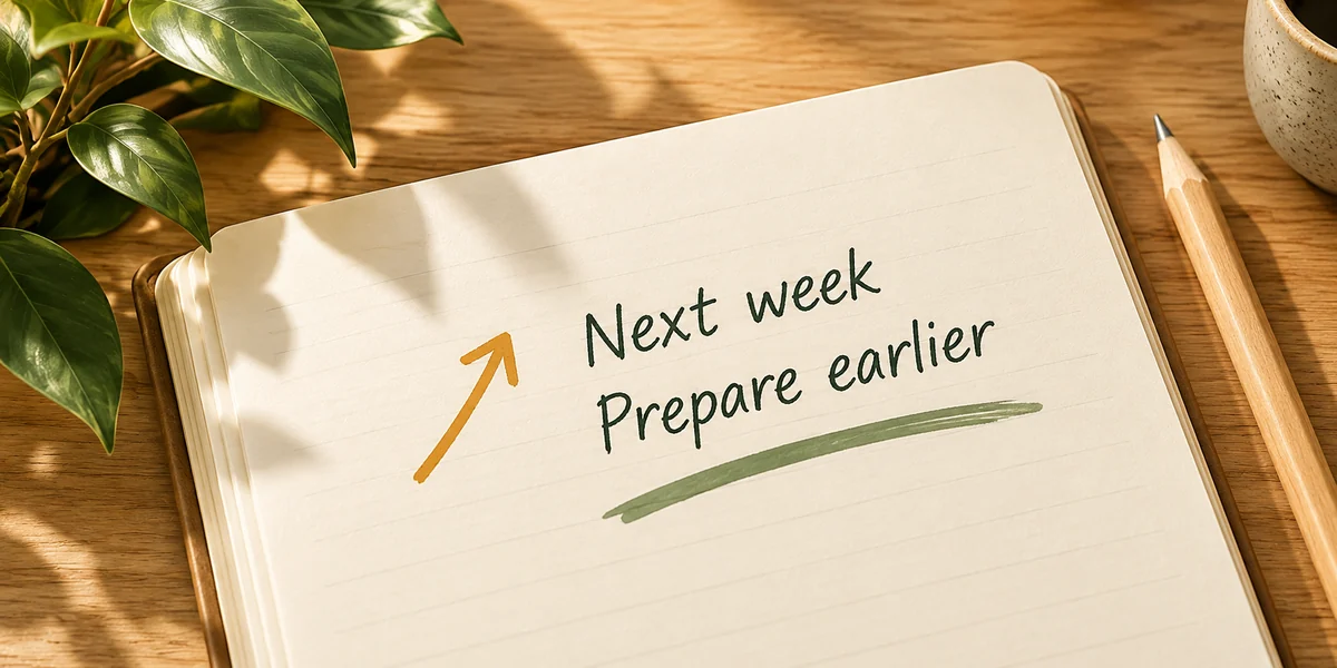 A notebook reminder for next week: prepare earlier