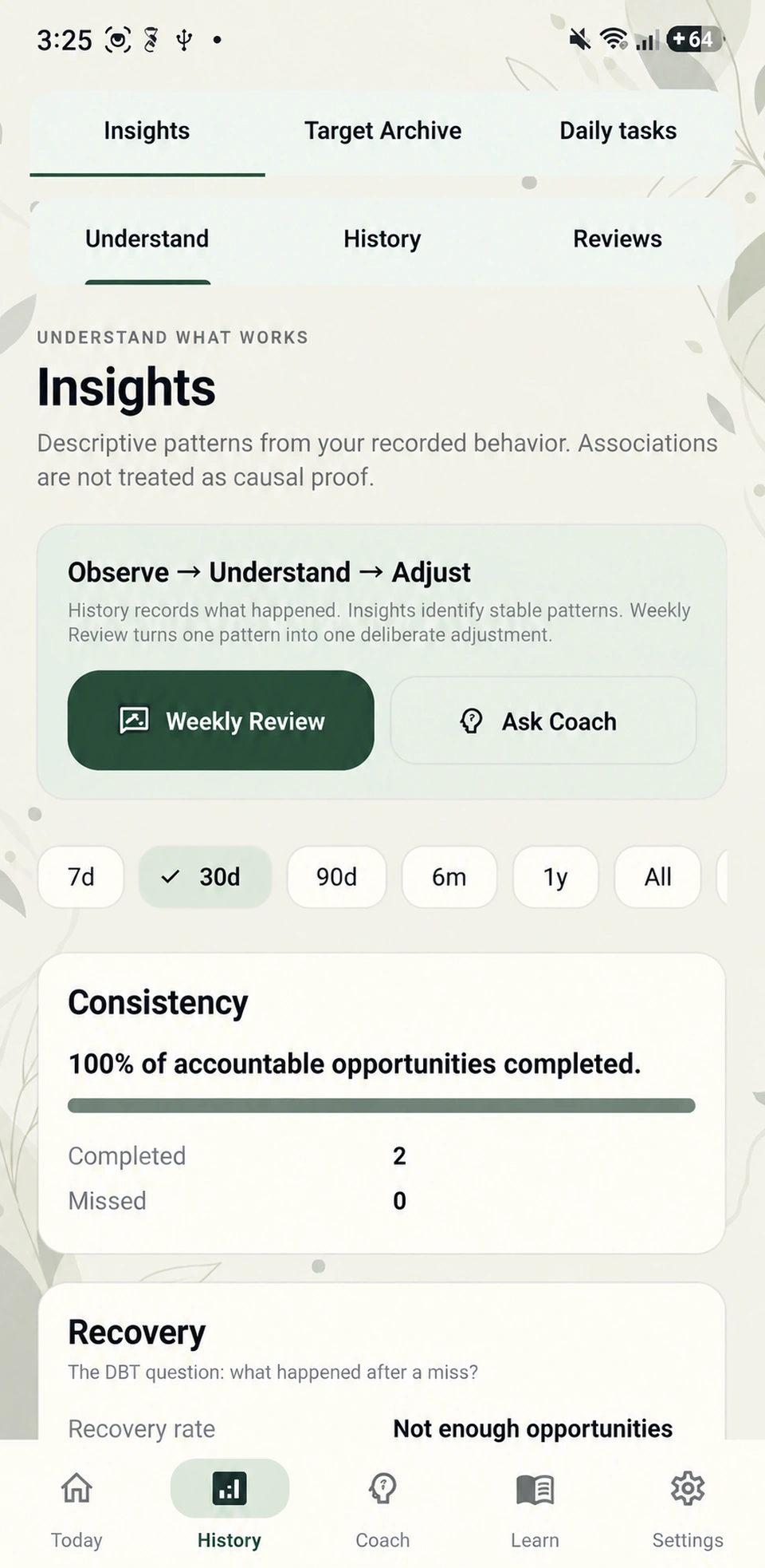 Don't Break Two Insights screen showing consistency and recovery summaries