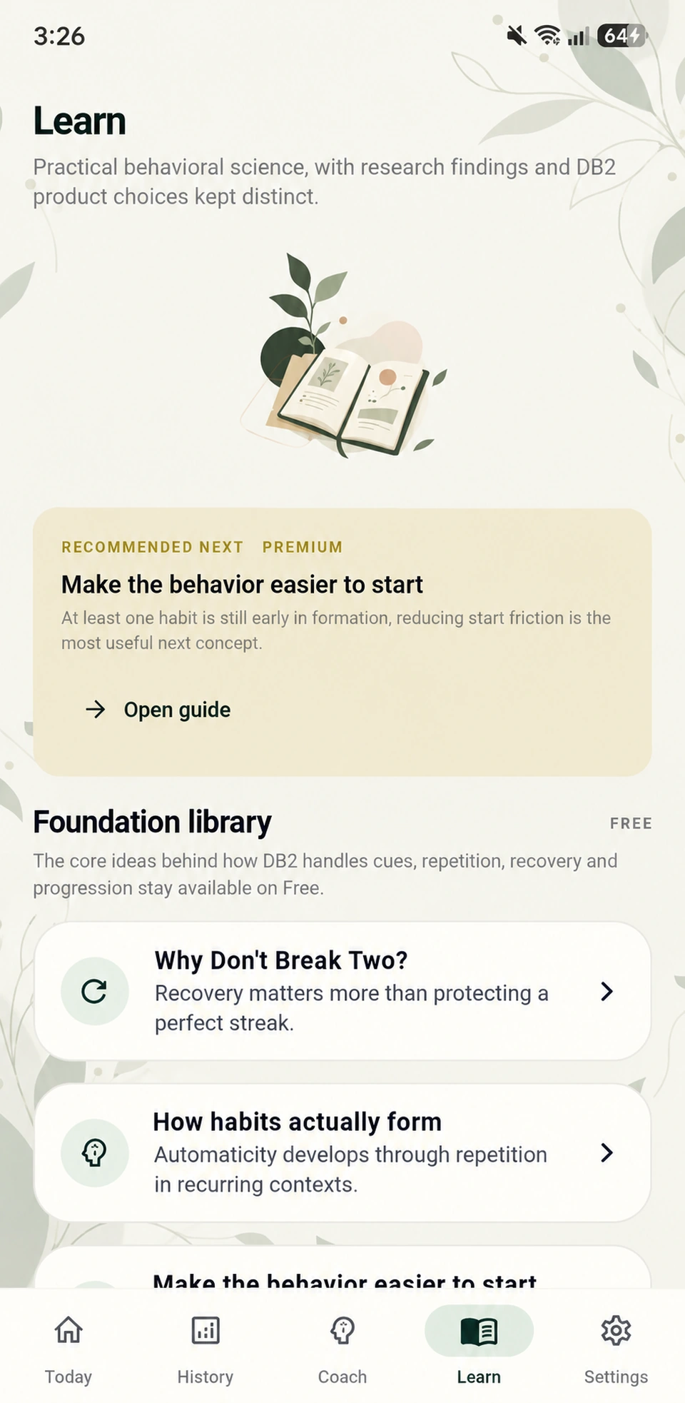Don't Break Two Learn screen showing recommended guidance and the foundation library