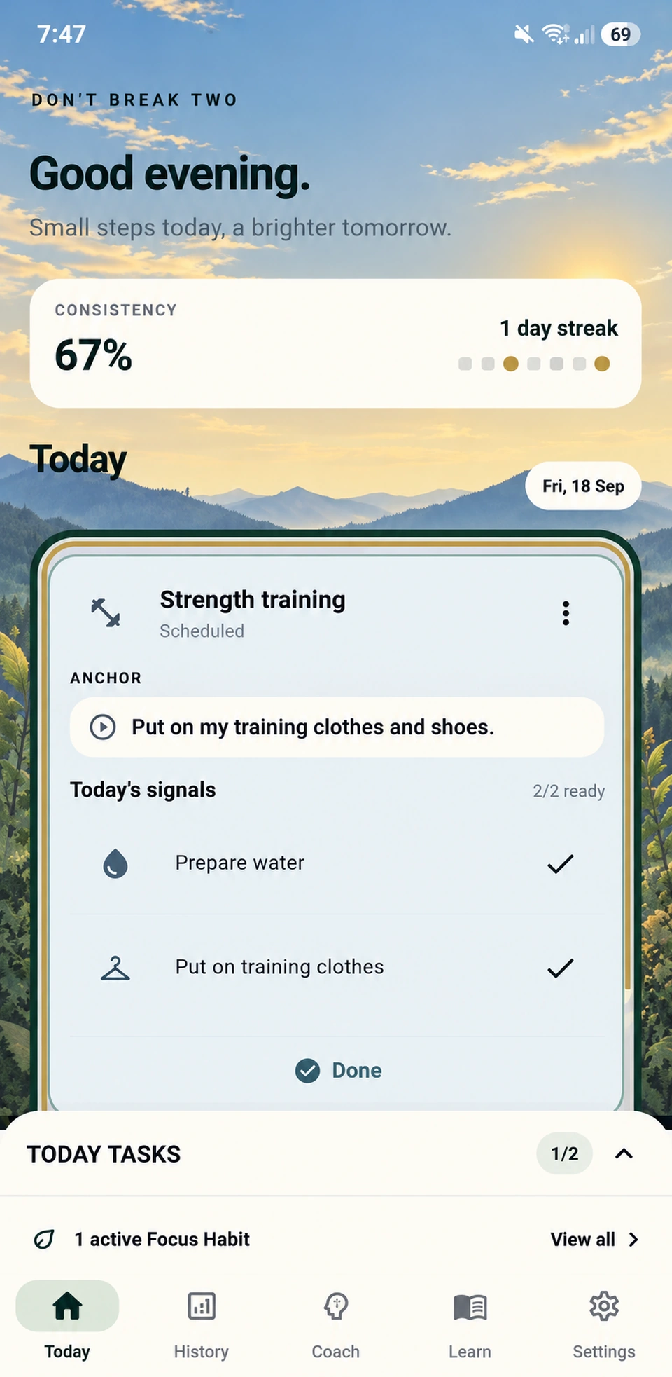 Don't Break Two Today screen showing a scheduled strength training habit with an anchor and two preparation signals ready